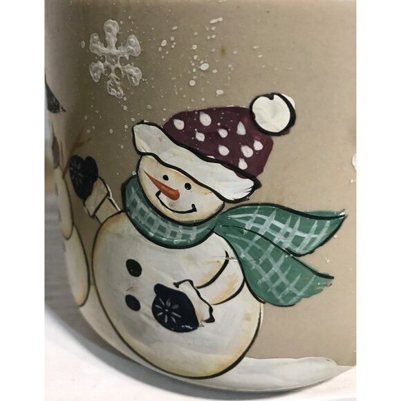Snowman Cookie Jar Cannister Ceramic  Hinged Fabric Hat & Scarf 11" Tall - Picture 9 of 16